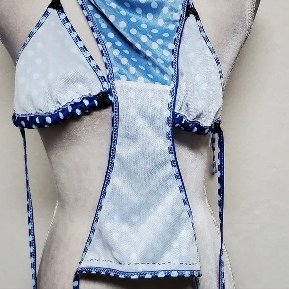 90s Vintage OOAK Handmade Blue Polka-dot Black Lace Side-Tie Triangle Bikini S - Picture 16 of 16